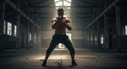 Martial Arts Fighter in Abandoned Warehouse with Dramatic Lighting