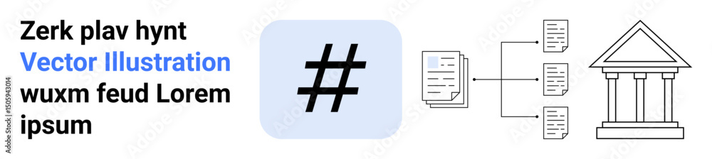 Poster metadata tag icon linked to document flowchart and institutional building. ideal for technology, com