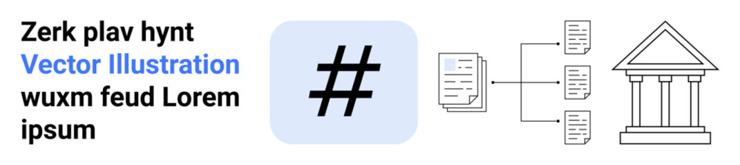 metadata tag icon linked to document flowchart and institutional building. Ideal for technology, communication, data sharing, social media, digital processes, information systems, simple landing page