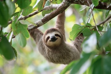 Fototapeta premium A Lazy Sloth Hanging Upside Down From A Tree Branch