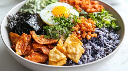 Fototapeta premium Nasi Kerabu blue rice with herbs, salted egg, and crispy fish crackers, white background