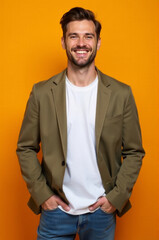 Fototapeta premium A smiling man wearing a green jacket and white t-shirt, possibly at an outdoor event or celebration