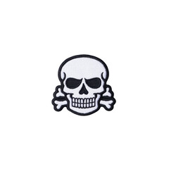 Obraz premium Skull and crossbones patch with black outline and white interior, symbolizing danger or rebellion, is displayed on plain background. design is simple yet striking