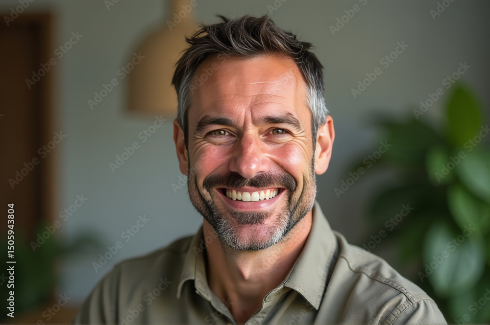 Poster a person with a beard is smiling directly at the camera