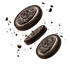 Three oreo cookies floating with crumbs scattered on a black background in a studio shot close up view