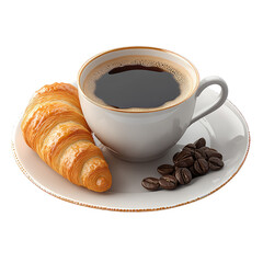 A cup of black coffee with a croissant and coffee beans on a white plate against black background