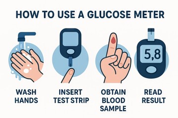 Step by step guide on how to use a glucose meter: wash hands, insert test strip, obtain blood sample, read result for effective diabetes monitoring