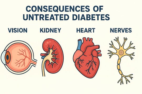 Simple infographic illustrating consequences of untreated diabetes on vision, kidney, heart, and nerves for health awareness and education