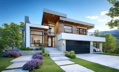 Luxury Modern House Design with Landscape and Clear Blue Sky