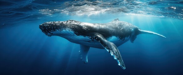 Fototapeta premium The graceful humpback whale gliding through sunlit ocean waters.