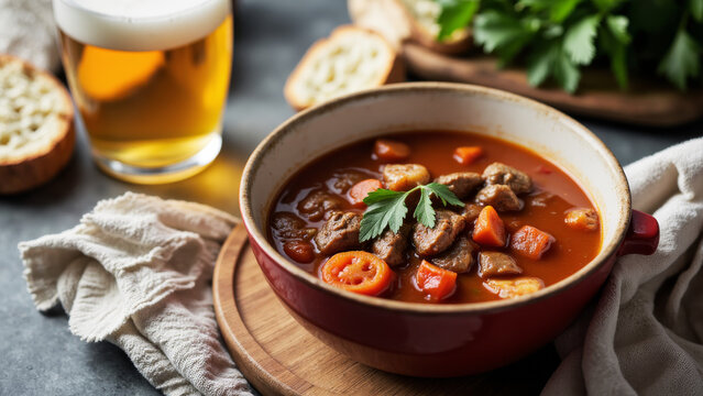 Hungarian Goulash Soup (Spicy Meat & Vegetable) with Shot of Unicum or Soproni Beer