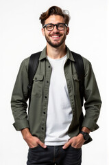Fototapeta premium A man dressed in a green jacket and glasses, suitable for use as a character prop or illustration