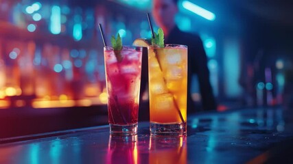 Colorful cocktails served at a vibrant bar during night time celebration showcasing mixology skills