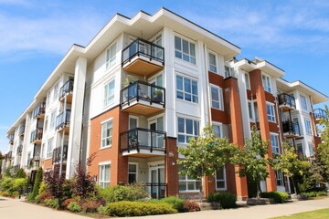 Obraz premium Exterior View of a Multi-Story Residential Building on a Sunny Day