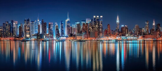 Fototapeta premium City Skyline Shimmers Over Water at Night Urban Scene