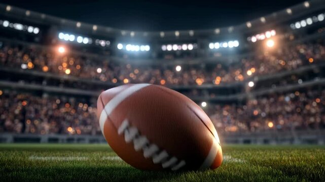 Exciting night game under stadium lights with a football on the field ready for action