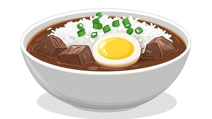 Rawon, black beef soup served with rice and egg, minimalistic style on white background.
