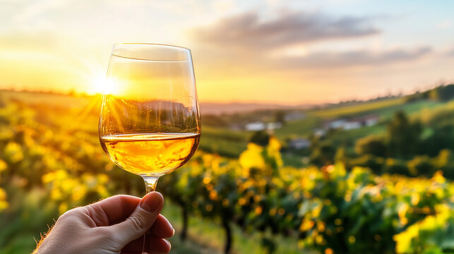 Hand Holding Glass of White Wine in Vineyard at Sunset

