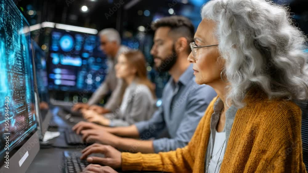 Poster individuals engaged in advanced technology work at a modern computer lab during an evening session
