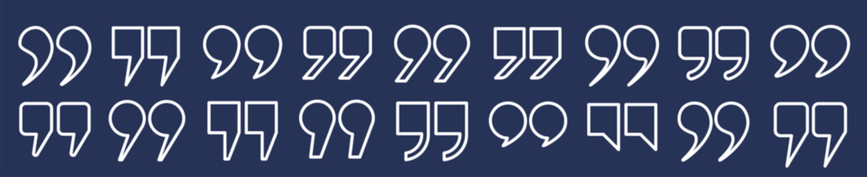 A set of quotation mark outlines. A collection of white characters, quotation marks of different shapes on a blue background. The comma symbol. Vector EPS 10.