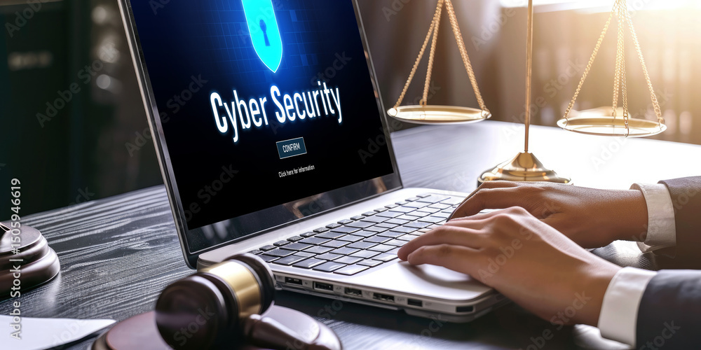 Poster cyber security system on computer screen protect private information brisk from hacker and cyber att