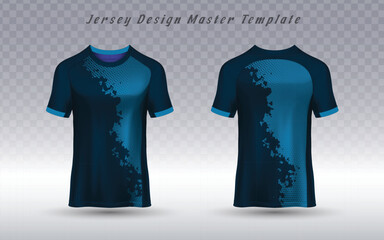 Front and back view of a blue and black jersey with a modern design, ideal for sports teams and apparel designs. Editable vector.