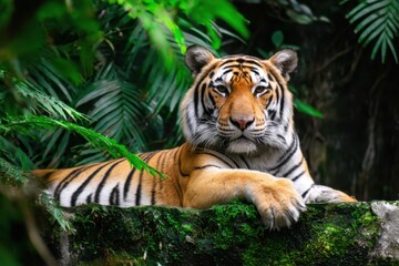 Obraz premium Majestic Tiger Resting in the Lush Green Jungle Habitat