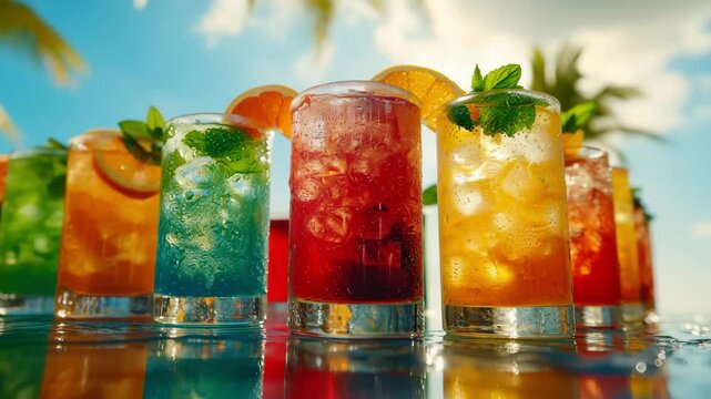 Colorful cocktails served on a sunny beach with palm trees in the background during a summer afternoon