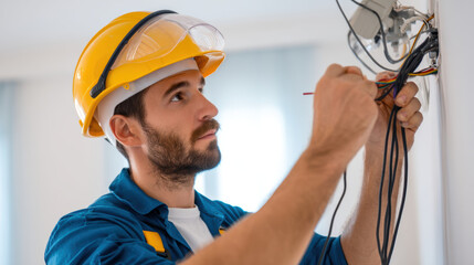 Skilled electrician wearing safety helmet works diligently on electrical wiring, ensuring safety and precision in his task