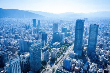 Obraz premium Cityscape Panorama Of Fukuoka Japan Under Blue Sky