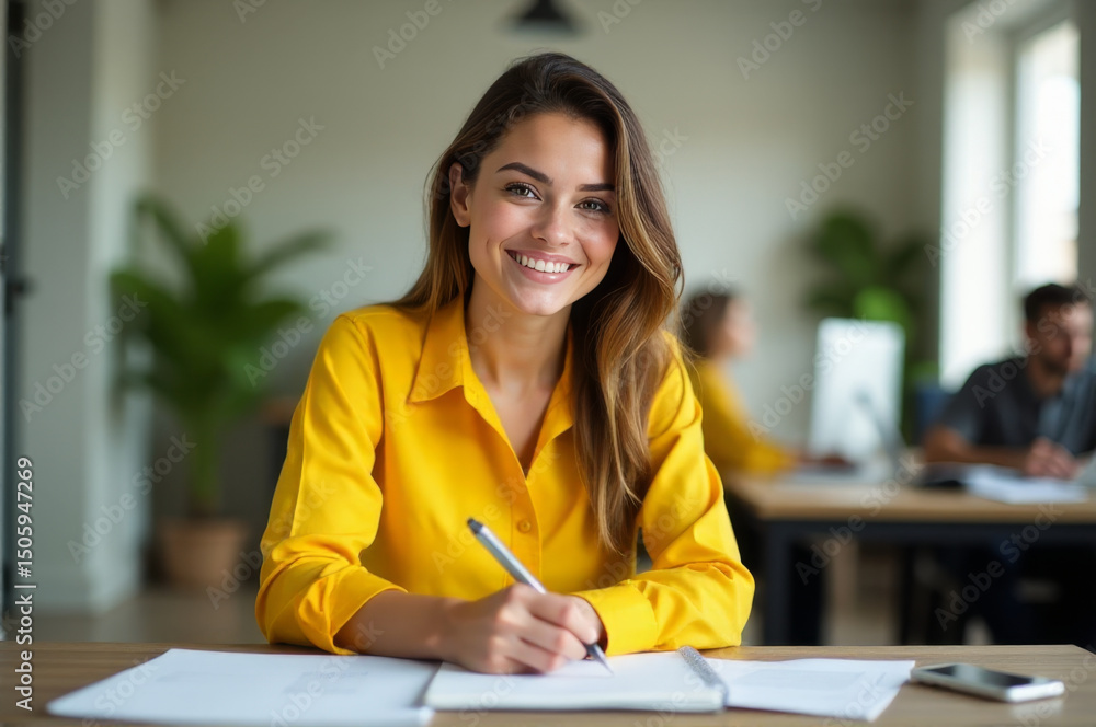 Poster a woman sits at a table with a pen and writes, possibly working on a project or creating art