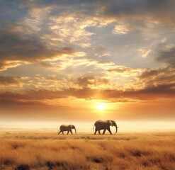 Fototapeta premium The Gentle Giants Two Elephants Walking at Dawn on African Savannah