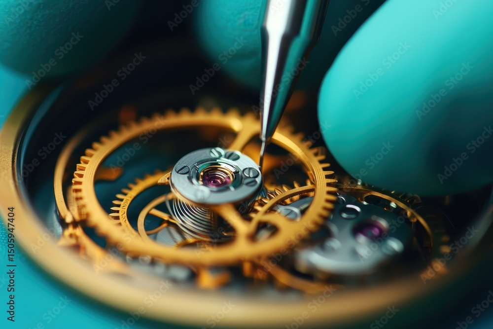 Poster close-up of a watchmaker assembling intricate gears and components of a timepiece.