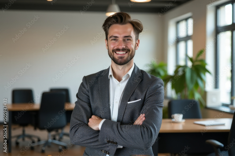 Poster a man in a suit standing in an office environment with a calm expression