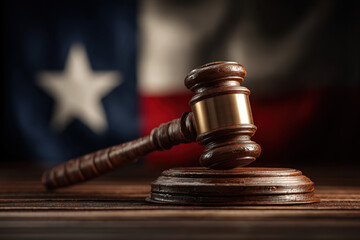 A gavel is placed on a wooden block as a representation of the legal system in Texas. The state's flag decorates the backdrop, reinforcing the connection between law and state governance