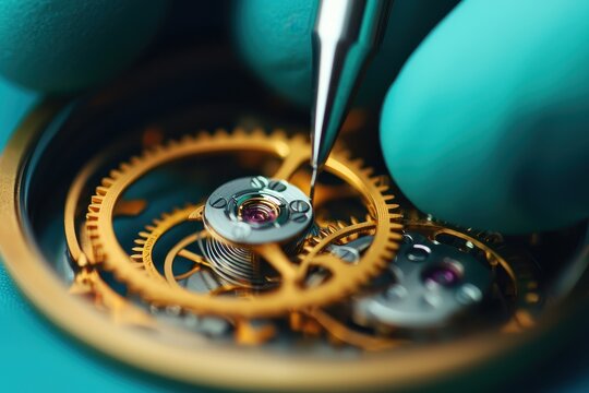 Close-up of a watchmaker assembling intricate gears and components of a timepiece.