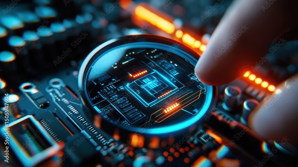 Poster close-up of a finger examining a circuit board through a magnifying glass with glowing elements.