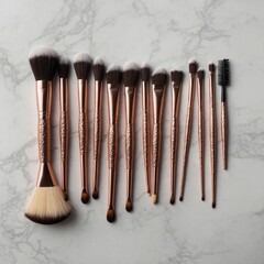 Rose gold and black makeup brush set laid out neatly on a clean white background.