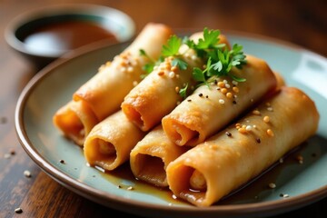 Crispy spring rolls, soy sauce, garnish, sesame seeds, brown, dish, starter