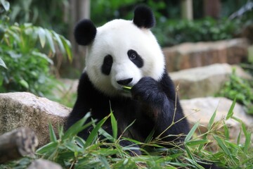 Fototapeta premium Giant Panda Enjoying a Meal in Lush Green Environment