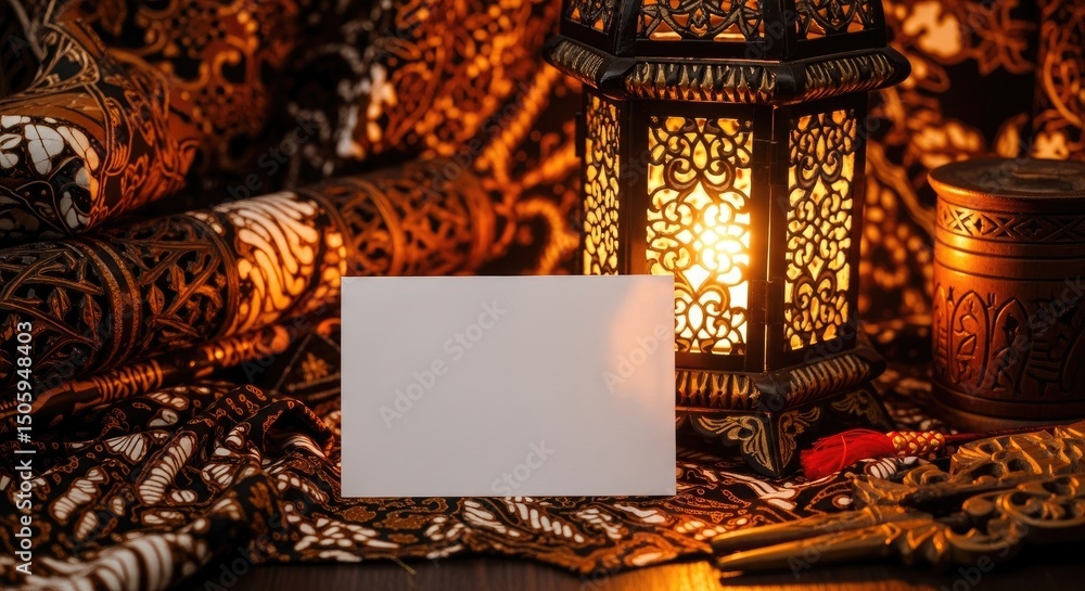 Poster golden lantern glows amid patterned fabric and a wooden surface with a blank card for message in low