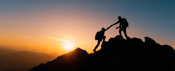 Fototapeta premium The uplifting moment of two climbers reaching new heights at sunset