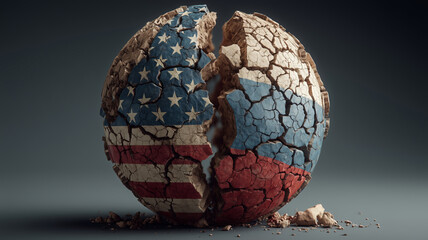 Cracked globe showcasing the fractured relationship between the US and Russia