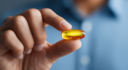 Person holds yellow gel capsule their hand, showcasing its shiny surface and vibrant color. image conveys sense of health