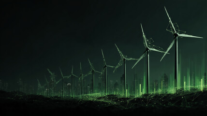 Innovative digital landscape illustrating green energy through wind turbines