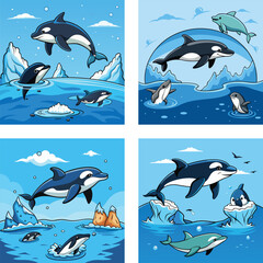 Obraz premium Cartoon Orcas And Dolphins Aquatic Adventure In Arctic Ocean Illustrations Set