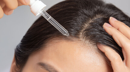 Hair serum application on clean parted scalp with dropper for healthy hair and scalp care