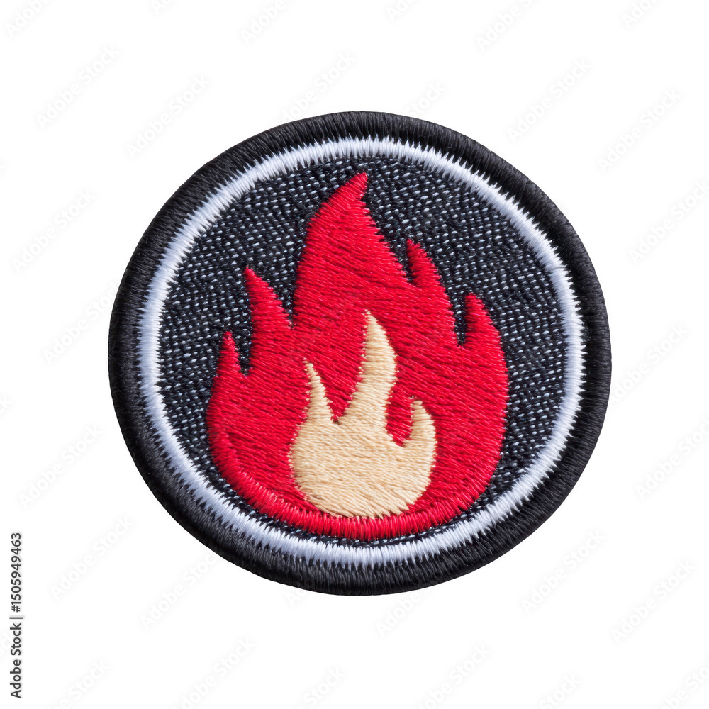 Poster round embroidered patch features red and yellow flame design on transparency background, symbolizing
