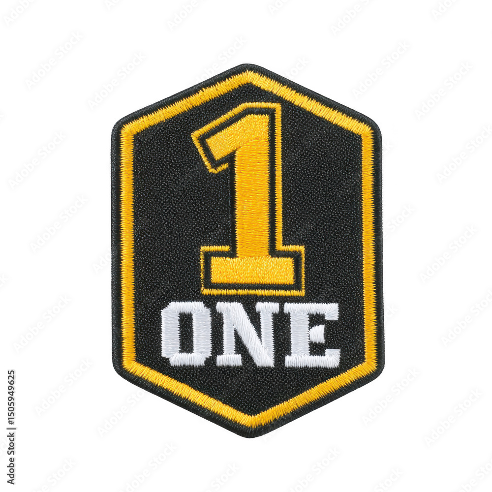 Poster patch with bold yellow number one and word one below it, outlined in yellow on transparency backgrou
