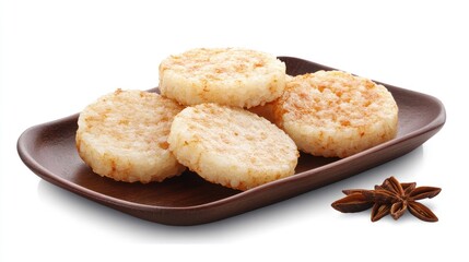 Serunding spicy meat floss served with glutinous rice cakes, festive snack, white background